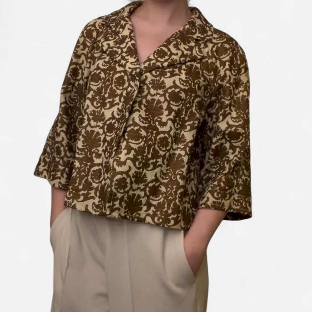Liz Claiborne vintage style brown and cream floral print cropped jacket blazer